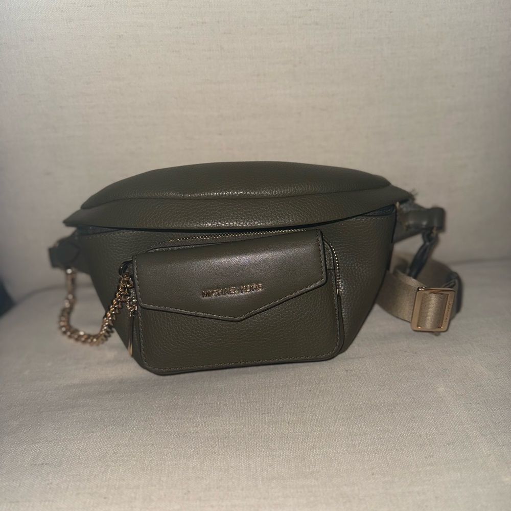 Michael Kors Dark Green Belt Bag with Gold Chain